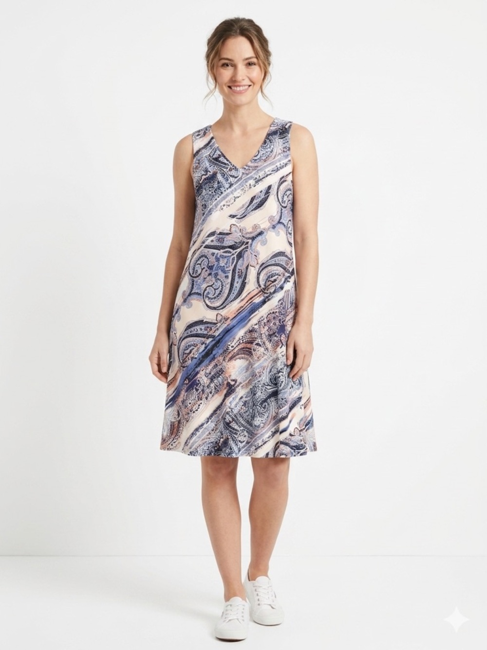 Paisley V-Neck Sleeveless Midi Dress in Blue and Cream